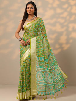 Libas - Green Ethnic Motifs Printed Woven Design Border Saree with Unstitched Blouse
