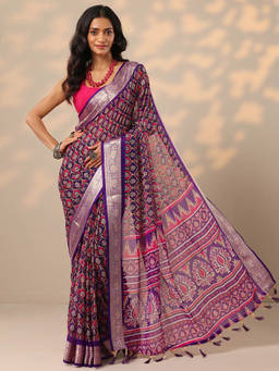 Libas - Purple Ethnic Motifs Printed Woven Design Border Saree with Unstitched Blouse