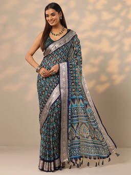 Libas - Blue Ethnic Motifs Printed Woven Design Border Saree with Unstitched Blouse