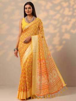Libas - Yellow Ethnic Motifs Printed Woven Design Border Saree with Unstitched Blouse
