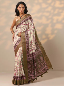Libas - Beige Tribal Printed Woven Design Border Saree with Unstitched Blouse