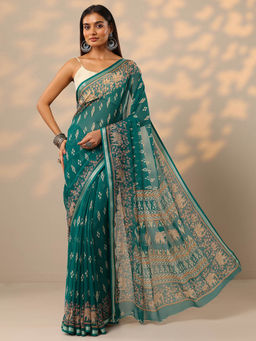 Libas - Green Ethnic Motifs Printed Saree with Unstitched Blouse