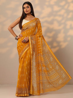 Libas - Mustard Ethnic Motifs Printed Saree with Unstitched Blouse