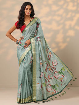 Libas - Green Printed Woven Design Border Saree with Unstitched Blouse