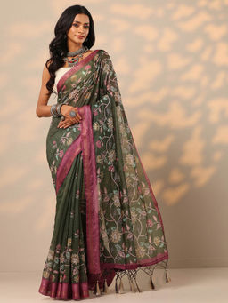 Libas - Green Floral Printed Saree with Unstitched Blouse