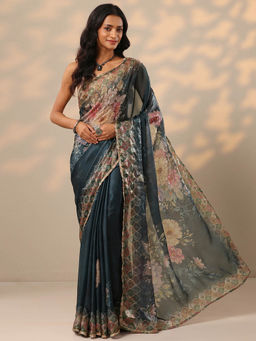 Libas - Blue Floral Printed Saree with Unstitched Blouse