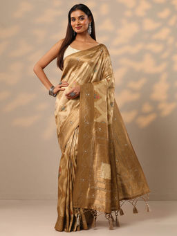 Libas - Gold Ethnic Motifs Woven Design Tassel Border Saree with Unstitched Blouse