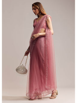 KALKI FASHION - Onion Pink Net Sequins Saree with Unstitched Blouse
