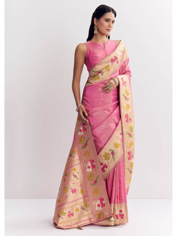 KALKI FASHION - Pink Dola Silk Pathani Dollar Butti and Multicolor Motif Saree with Unstitched Blouse