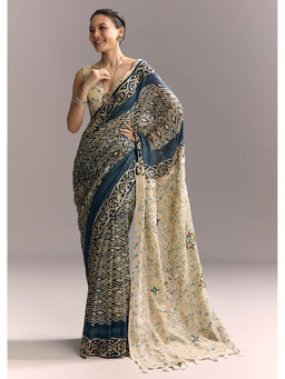 KALKI FASHION - Off White Linen Ajrakh Print and Blue Border Saree with Unstitched Blouse