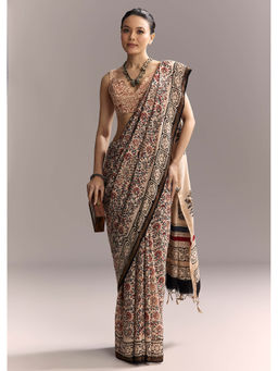 KALKI FASHION - Beige Linen Ajrakh Floral Print and Black Border Saree with Unstitched Blouse