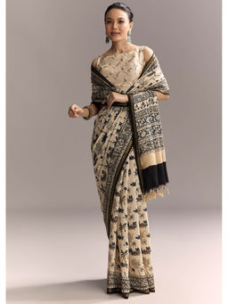 KALKI FASHION - Beige Linen Black Hand Block Ajrakh Floral Print Saree with Unstitched Blouse