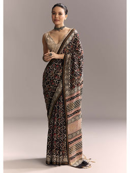KALKI FASHION - Black Linen Authentic Ajrakh Print and Maroon Border Saree with Unstitched Blouse