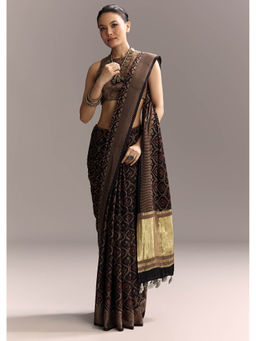 KALKI FASHION - Dark Black Linen Authentic Ajrakh Print and Golden Pallu Saree with Unstitched Blouse