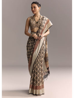 KALKI FASHION - Cream Linen Black Hand Block Ajrakh Print Saree with Unstitched Blouse