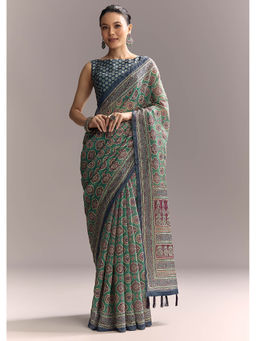 KALKI FASHION - Green Linen Authentic Ajrakh Print and Indigo Border Saree with Unstitched Blouse