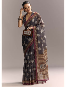 KALKI FASHION - Grey Linen Authentic Ajrakh Print and Kantha Work Saree with Unstitched Blouse