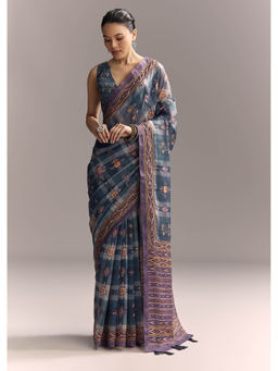 KALKI FASHION - Blue Linen Hand Block Ajrakh Print and Lavender Border Saree with Unstitched Blouse