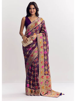 KALKI FASHION - Purple Georgette Bandhani Animal Motifs and Gota Border Saree with Unstitched Blouse