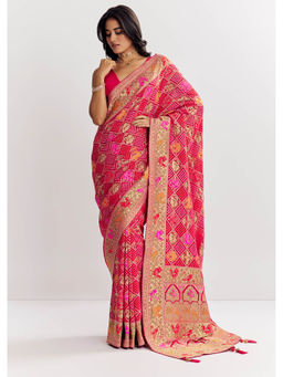 KALKI FASHION - Rani Dola Silk Bandhani Animal Motifs and Gota Border Saree with Unstitched Blouse