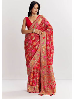 KALKI FASHION - Red Dola Silk Bandhani Animal Motifs and Gota Border Saree with Unstitched Blouse
