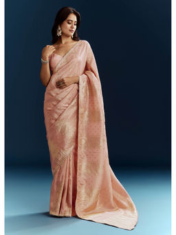 KALKI FASHION - Peach Dola Silk Brocade Gota Patti and Moti Embroidery Saree with Unstitched Blouse