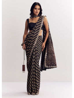 KALKI FASHION - Black Satin Print and Mirror Sequins Zari Embroidery Saree with Unstitched Blouse