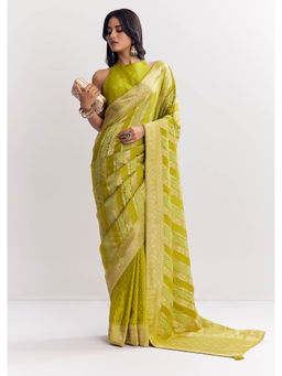 KALKI FASHION - Green Satin Zari Vine Design Saree with Unstitched Blouse