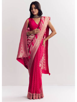 KALKI FASHION - Pink Satin Zari Vine Design Saree with Unstitched Blouse
