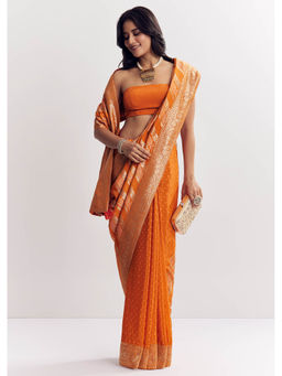 KALKI FASHION - Orange Satin Zari Vine Design Saree with Unstitched Blouse