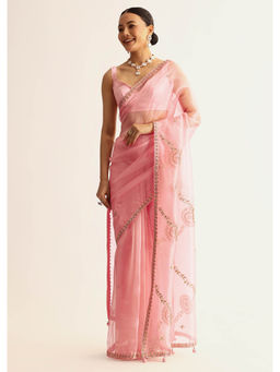 KALKI FASHION - Pink Sequin Embroidered Organza Gotta Patti Embroidery Saree with Unstitched Blouse
