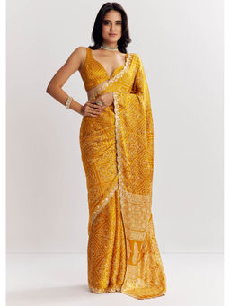 KALKI FASHION - Mustard Yellow Satin Ajrakh Printed Gota Embroidery Saree with Unstitched Blouse