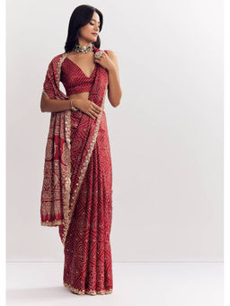 KALKI FASHION - Maroon Satin Ajrakh Printed Gota and Sequins Saree with Unstitched Blouse