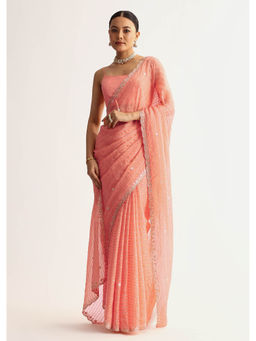 KALKI FASHION - Peach Georgette Scallop Bordered Foil Printed Stripes Saree with Unstitched Blouse