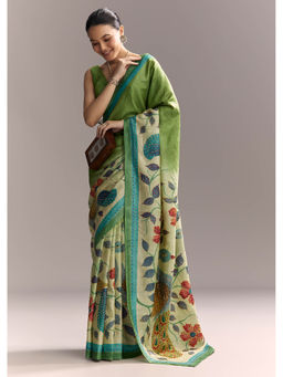 KALKI FASHION - Green Cotton Hand Painted Motifs and Blue Border Saree with Unstitched Blouse