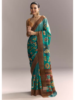 KALKI FASHION - Blue Cotton Silk Hand Painted Brown Border Saree with Unstitched Blouse