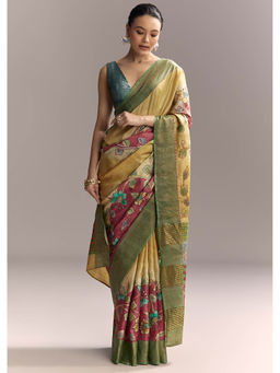 KALKI FASHION - Yellow Cotton Hand Painted Motifs and Green Border Saree with Unstitched Blouse