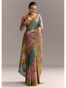 KALKI FASHION - Blue Cotton Hand Painted Motifs and Brown Border Saree with Unstitched Blouse