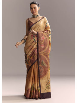 KALKI FASHION - Beige Cotton Hand Painted Motifs and Brown Border Saree with Unstitched Blouse