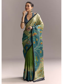 KALKI FASHION - Peacock Blue Hand Painted Motifs and Brown Border Saree with Unstitched Blouse