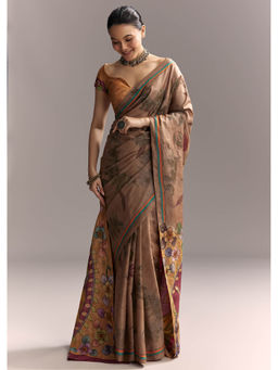 KALKI FASHION - Brown Cotton Hand Painted Motifs and Contrast Border Saree with Unstitched Blouse