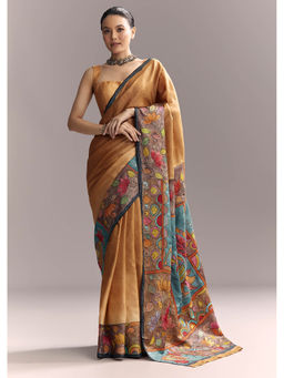 KALKI FASHION - Beige Cotton Hand Painted Motifs and Contrast Border Saree with Unstitched Blouse