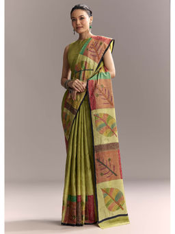 KALKI FASHION - Green Cotton Authentic Hand Painted Contrast Border Saree with Unstitched Blouse