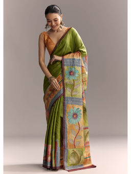 KALKI FASHION - Green Hand Painted Floral Motifs and Contrast Border Saree with Unstitched Blouse