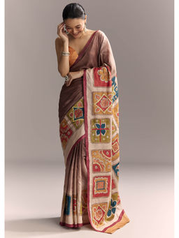 KALKI FASHION - Brown Cotton Hand Painted Contrast Border Saree with Unstitched Blouse