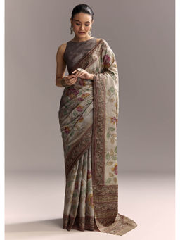 KALKI FASHION - Grey Cotton Hand Painted Contrast Border Saree with Unstitched Blouse