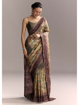 KALKI FASHION - Coffee Brown Cotton Hand Painted Contrast Border Saree with Unstitched Blouse