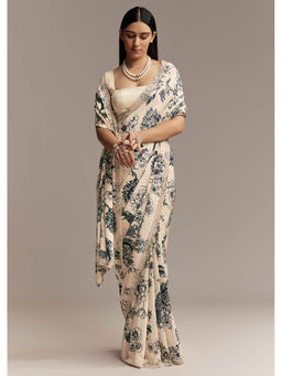 KALKI FASHION - Cream Floral Crepe Black Print and Stone Work Saree with Unstitched Blouse