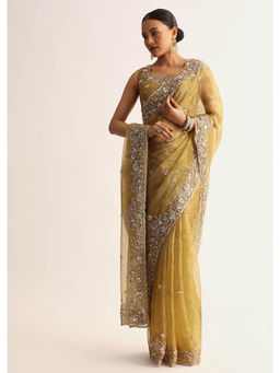 KALKI FASHION - Occur Yellow Tissue Floral Scallop Embroidered Border Saree with Unstitched Blouse