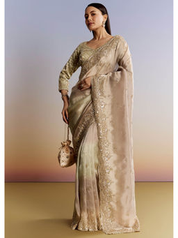 KALKI FASHION - Beige Shaded Tissue Sequins Beads and Cut Dana Saree with Unstitched Blouse